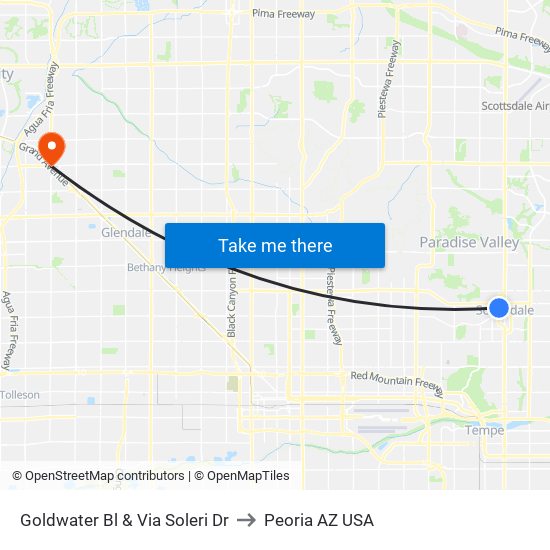 Goldwater Bl & Via Soleri Dr to Peoria AZ USA map