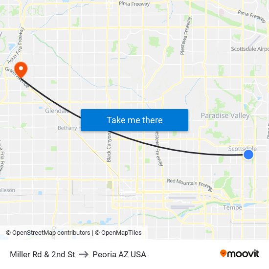 Miller Rd & 2nd St to Peoria AZ USA map