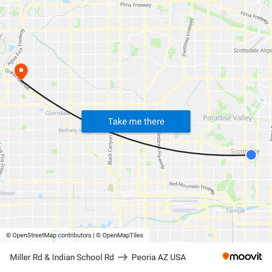 Miller Rd & Indian School Rd to Peoria AZ USA map