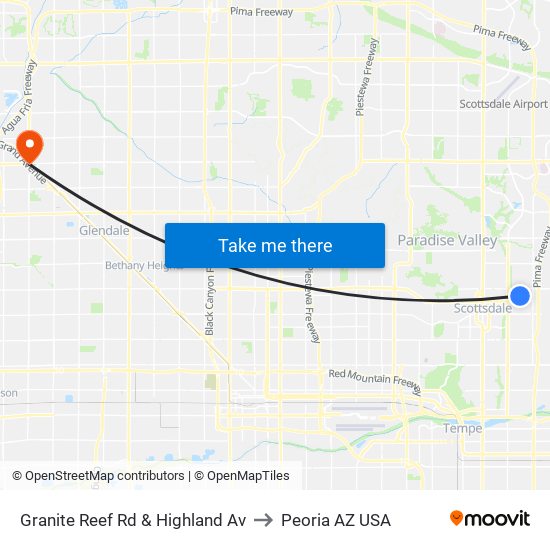 Granite Reef Rd & Highland Av to Peoria AZ USA map