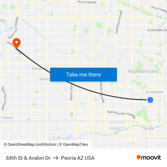 68th St & Avalon Dr to Peoria AZ USA map