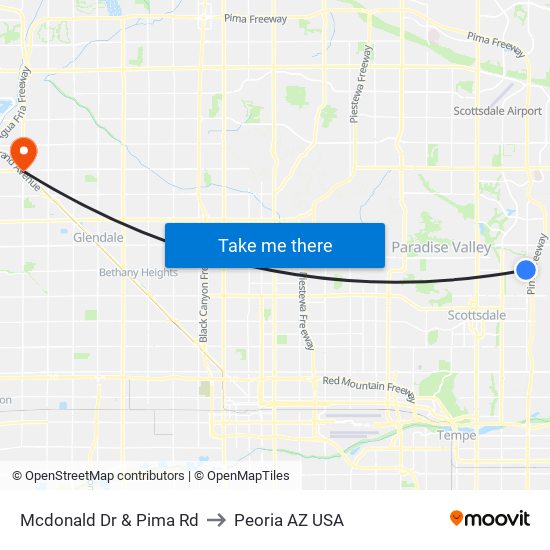 Mcdonald Dr & Pima Rd to Peoria AZ USA map