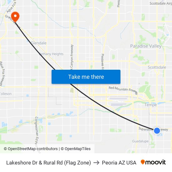 Lakeshore Dr & Rural Rd (Flag Zone) to Peoria AZ USA map