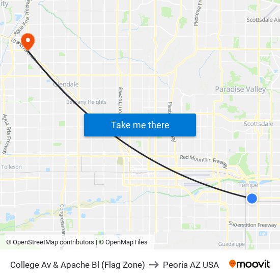 College Av & Apache Bl (Flag Zone) to Peoria AZ USA map