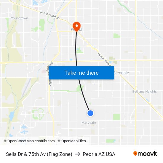 Sells Dr & 75th Av (Flag Zone) to Peoria AZ USA map