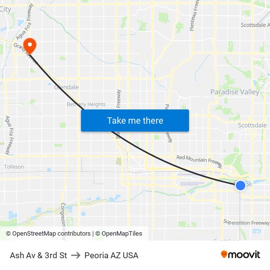 Ash Av & 3rd St to Peoria AZ USA map