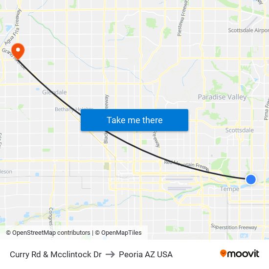 Curry Rd & Mcclintock Dr to Peoria AZ USA map