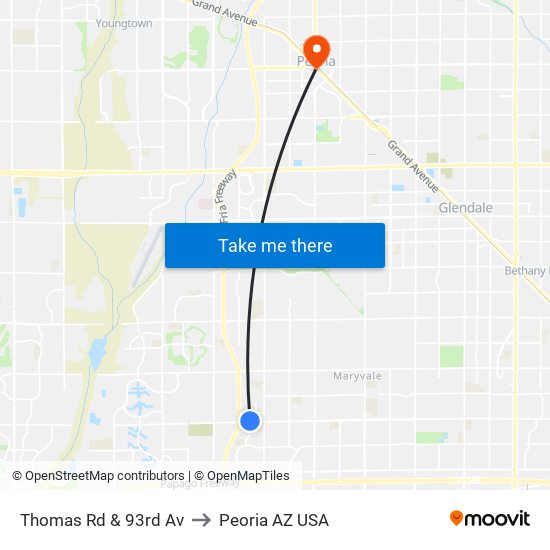 Thomas Rd & 93rd Av to Peoria AZ USA map