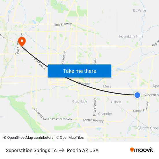 Superstition Springs Tc to Peoria AZ USA map