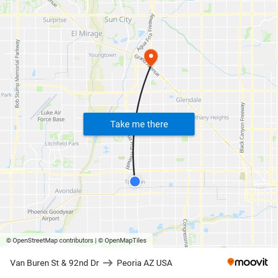 Van Buren St & 92nd Dr to Peoria AZ USA map