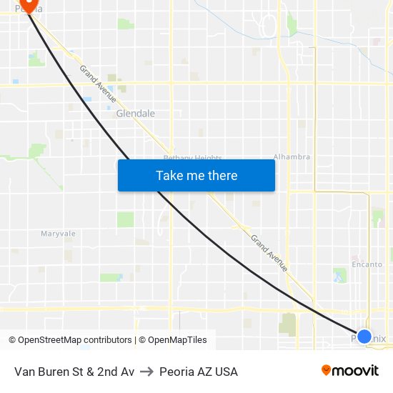 Van Buren St & 2nd Av to Peoria AZ USA map
