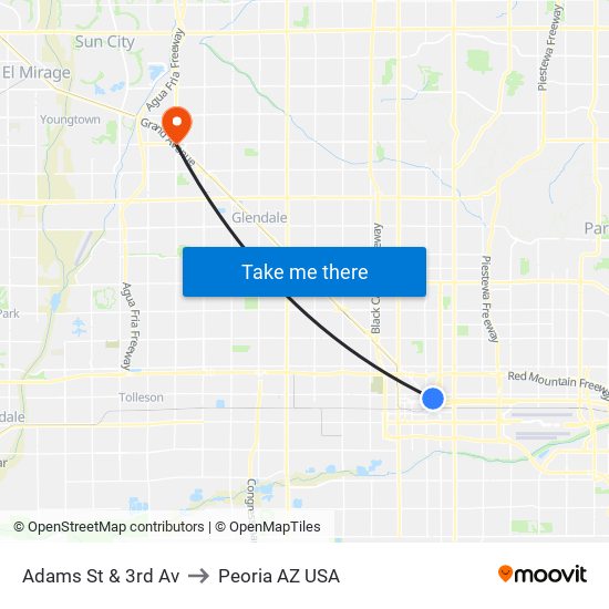 Adams St & 3rd Av to Peoria AZ USA map