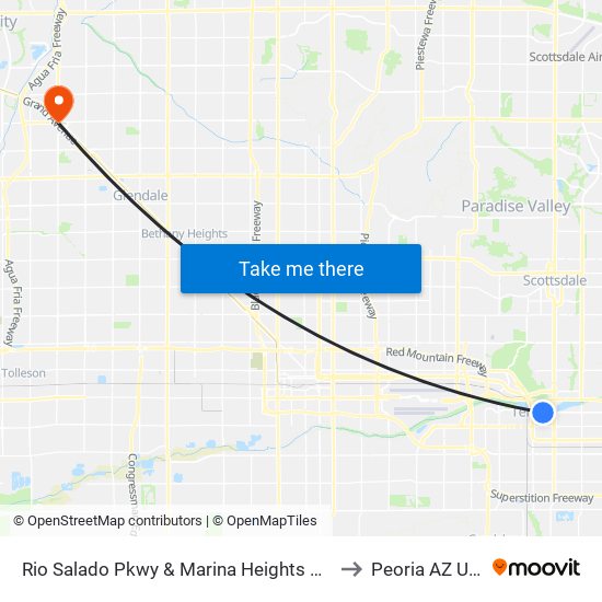 Rio Salado Pkwy & Marina Heights West to Peoria AZ USA map