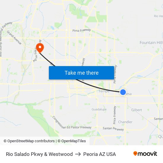Rio Salado Pkwy & Westwood to Peoria AZ USA map