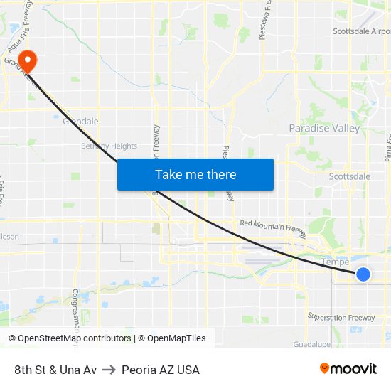 8th St & Una Av to Peoria AZ USA map