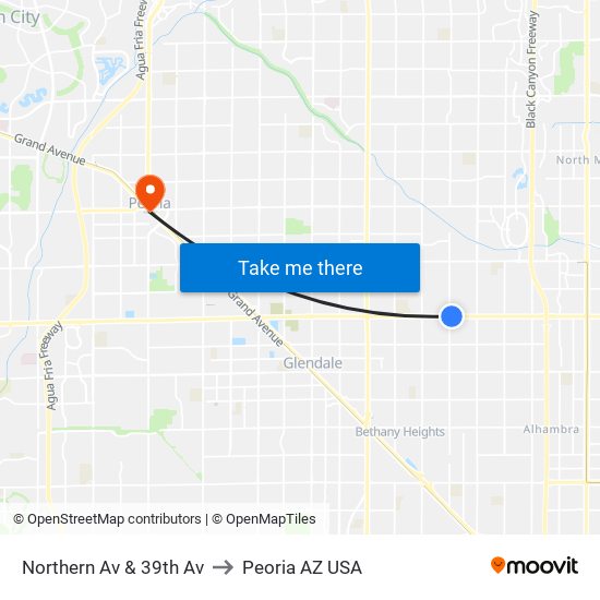 Northern Av & 39th Av to Peoria AZ USA map