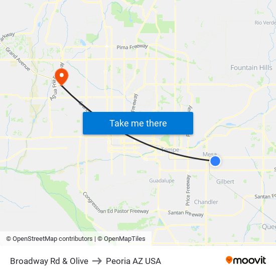 Broadway Rd & Olive to Peoria AZ USA map