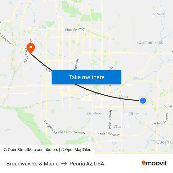 Broadway Rd & Maple to Peoria AZ USA map