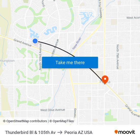 Thunderbird Bl & 105th Av to Peoria AZ USA map