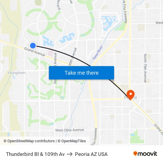 Thunderbird Bl & 109th Av to Peoria AZ USA map