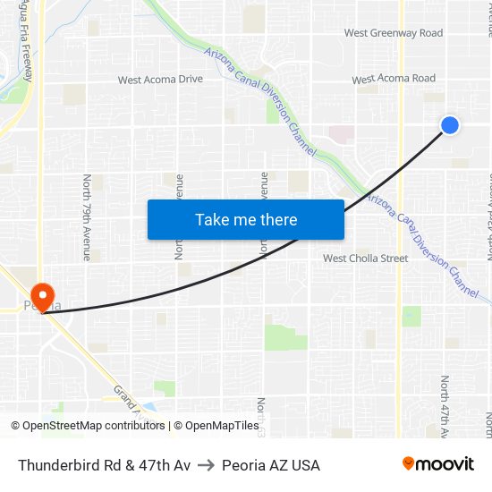 Thunderbird Rd & 47th Av to Peoria AZ USA map