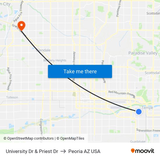 University Dr & Priest Dr to Peoria AZ USA map