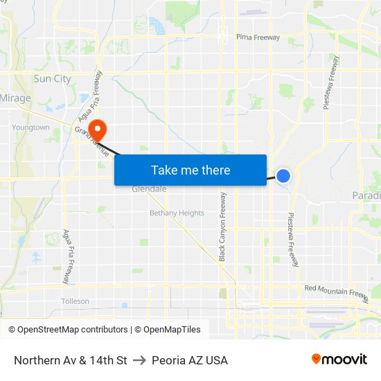 Northern Av & 14th St to Peoria AZ USA map