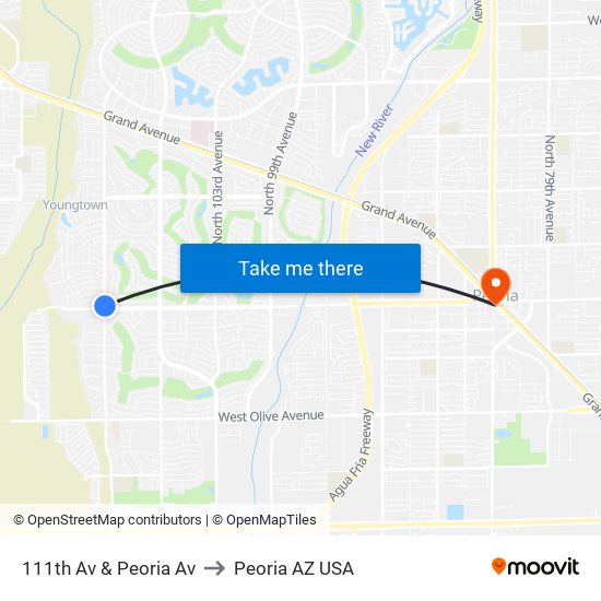 111th Av & Peoria Av to Peoria AZ USA map