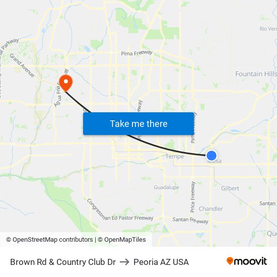 Brown Rd & Country Club Dr to Peoria AZ USA map
