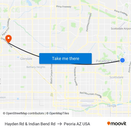 Hayden Rd & Indian Bend Rd to Peoria AZ USA map