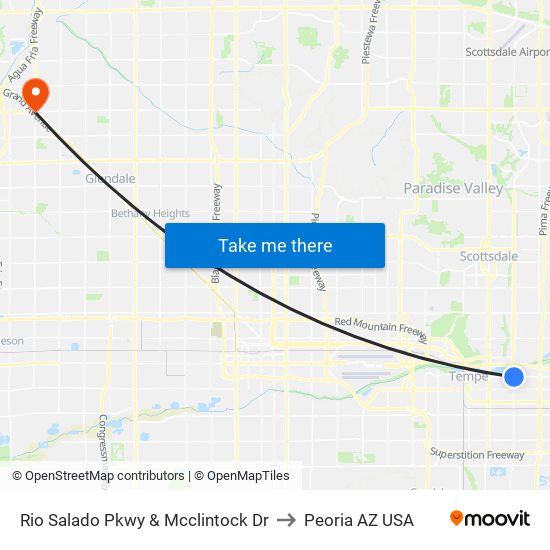 Rio Salado Pkwy & Mcclintock Dr to Peoria AZ USA map