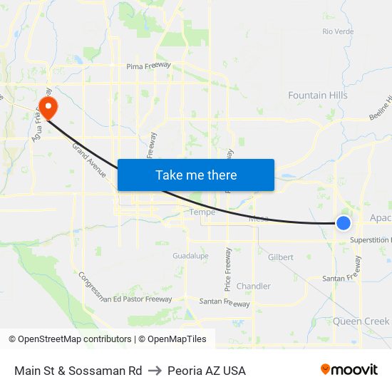 Main St & Sossaman Rd to Peoria AZ USA map