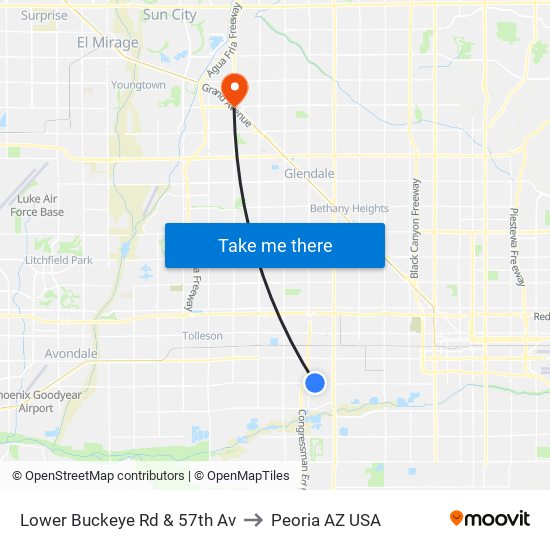 Lower Buckeye Rd & 57th Av to Peoria AZ USA map