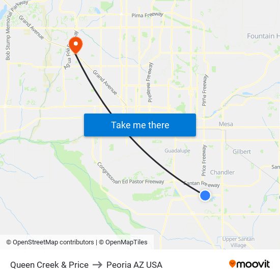 Queen Creek & Price to Peoria AZ USA map