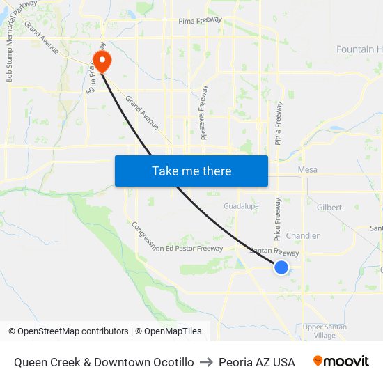 Queen Creek & Downtown Ocotillo to Peoria AZ USA map