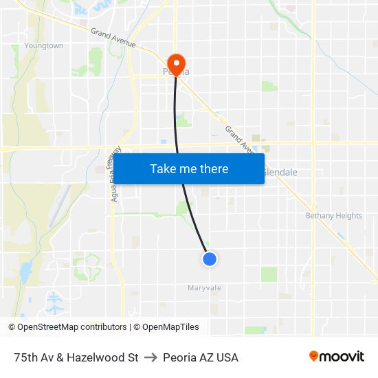 75th Av & Hazelwood St to Peoria AZ USA map