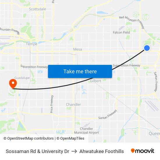 Sossaman Rd & University Dr to Ahwatukee Foothills map