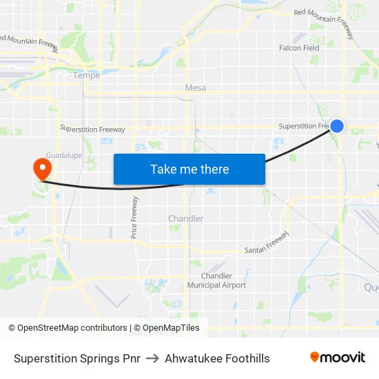 Superstition Springs Pnr to Ahwatukee Foothills map