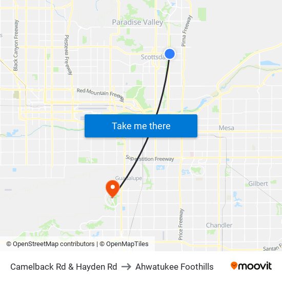Camelback Rd & Hayden Rd to Ahwatukee Foothills map