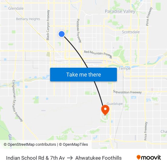 Indian School Rd & 7th Av to Ahwatukee Foothills map