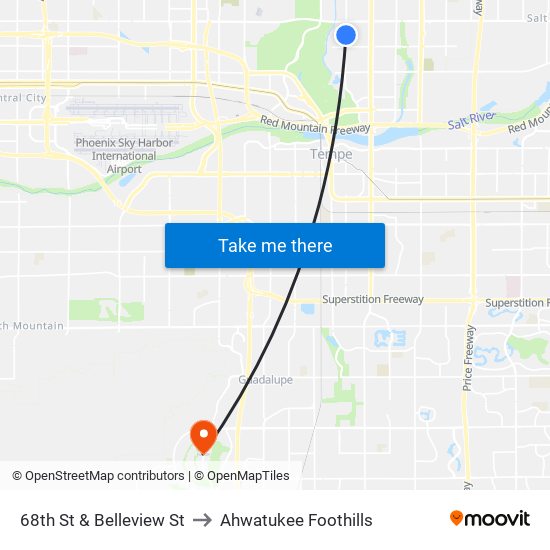 68th St & Belleview St to Ahwatukee Foothills map