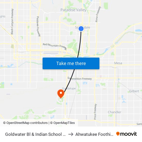 Goldwater Bl & Indian School Rd to Ahwatukee Foothills map