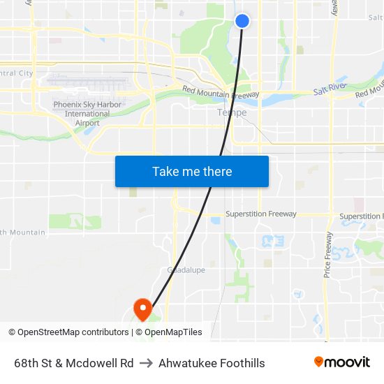 68th St & Mcdowell Rd to Ahwatukee Foothills map