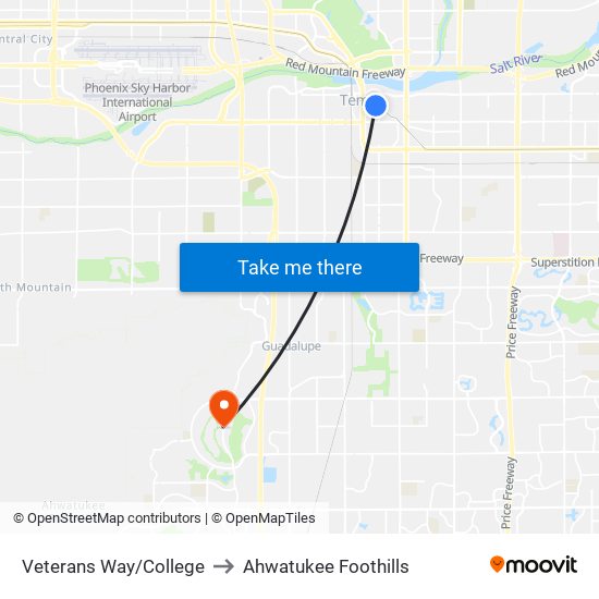 Veterans Way/College to Ahwatukee Foothills map