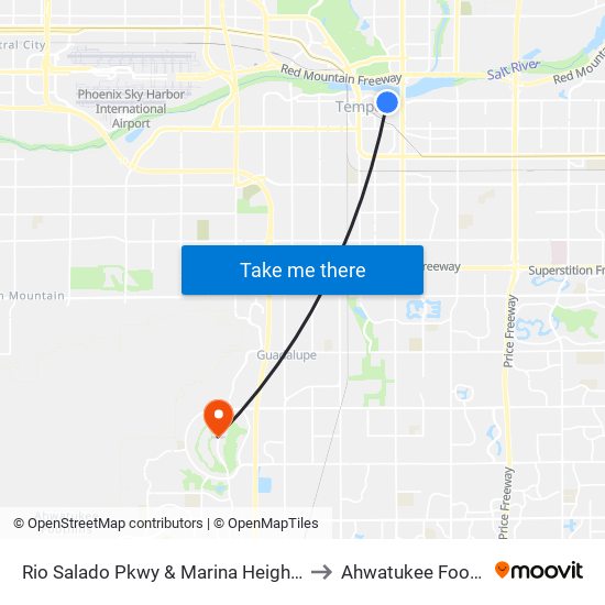 Rio Salado Pkwy & Marina Heights East to Ahwatukee Foothills map