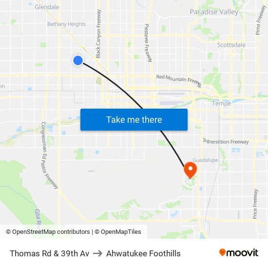 Thomas Rd & 39th Av to Ahwatukee Foothills map