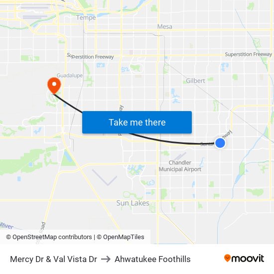 Mercy Dr & Val Vista Dr to Ahwatukee Foothills map