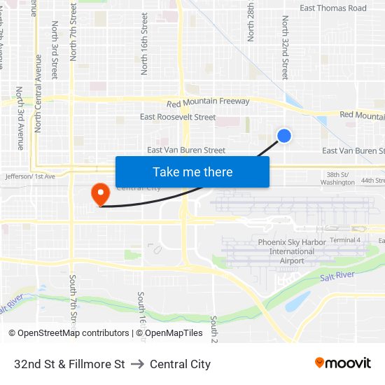 32nd St & Fillmore St to Central City map