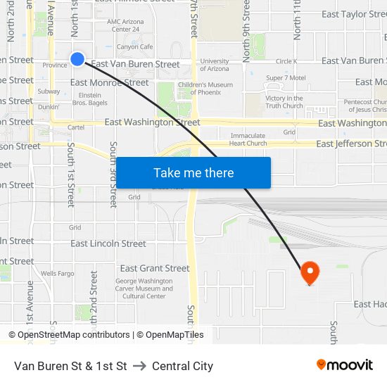 Van Buren St & 1st St to Central City map