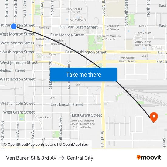 Van Buren St & 3rd Av to Central City map